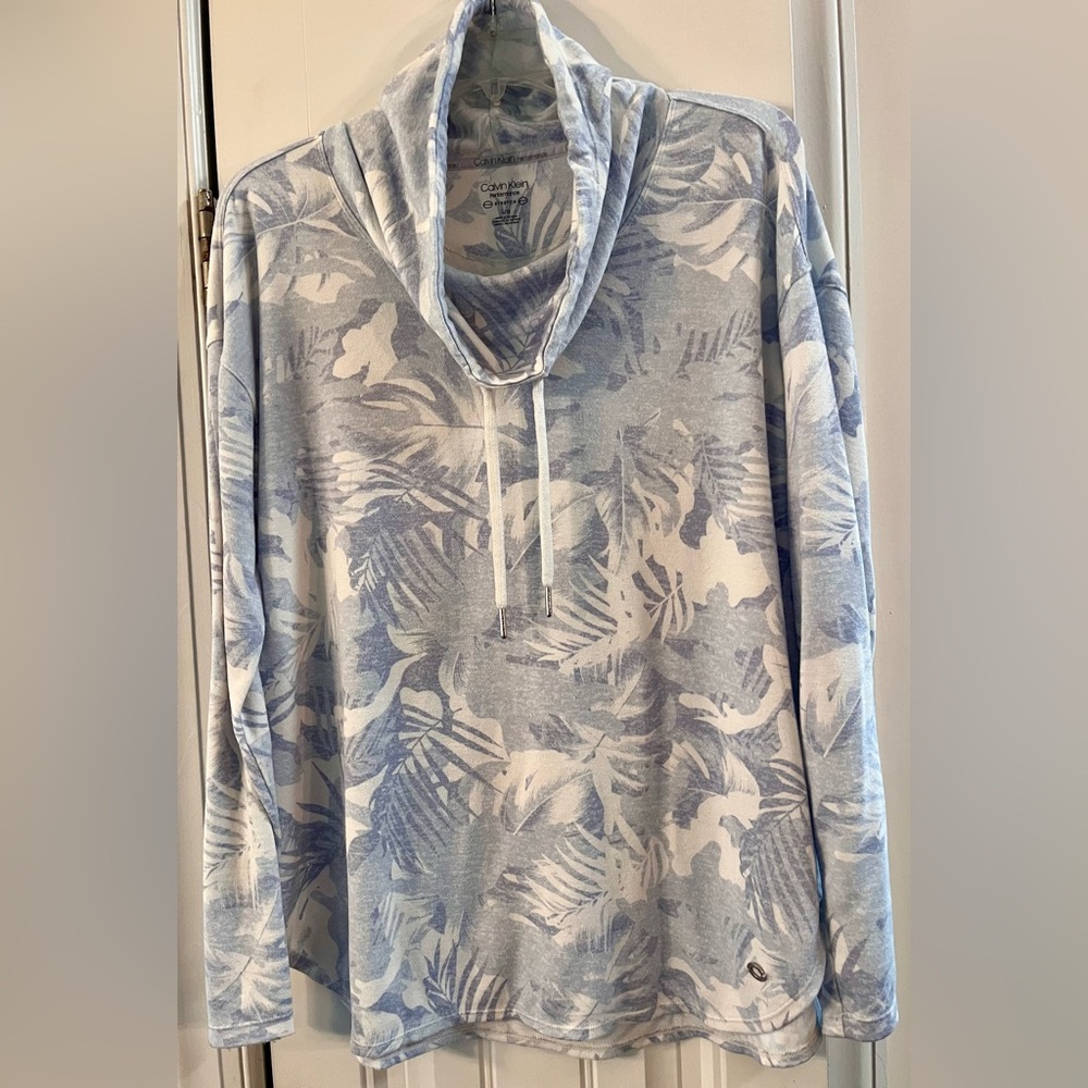 Calvin Klein Light Blue & White cowl neck drawstring long sleeve pattern sweater